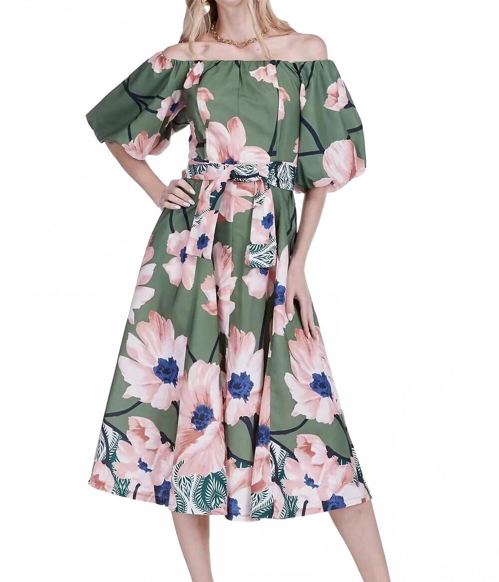 NEW JADE off the shoulder flared midi dress in olive bloom